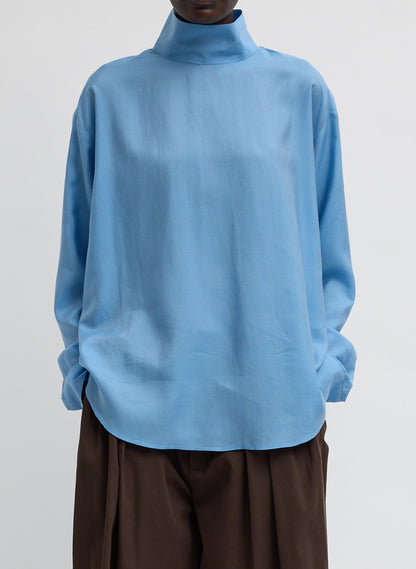 Ultra Light Silk Tencel Funnel Neck Shirt Blue - Tibi