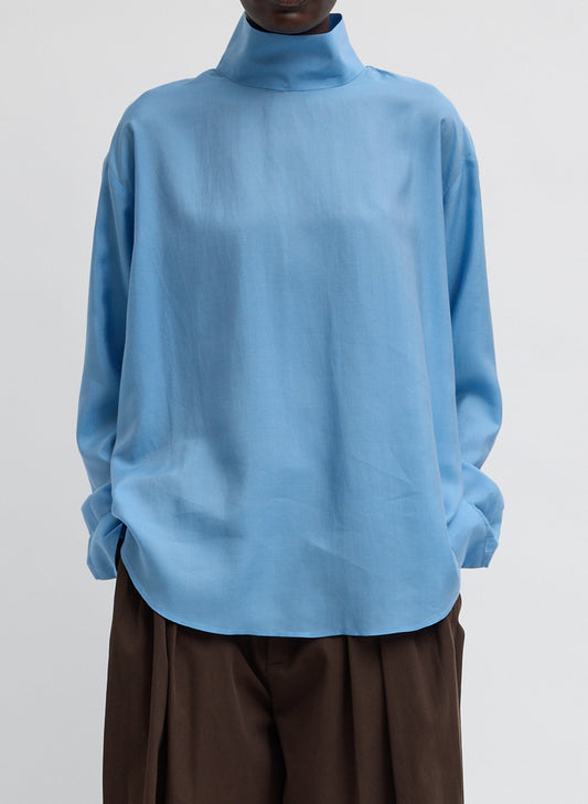 Ultra Light Silk Tencel Funnel Neck Shirt Blue - Tibi
