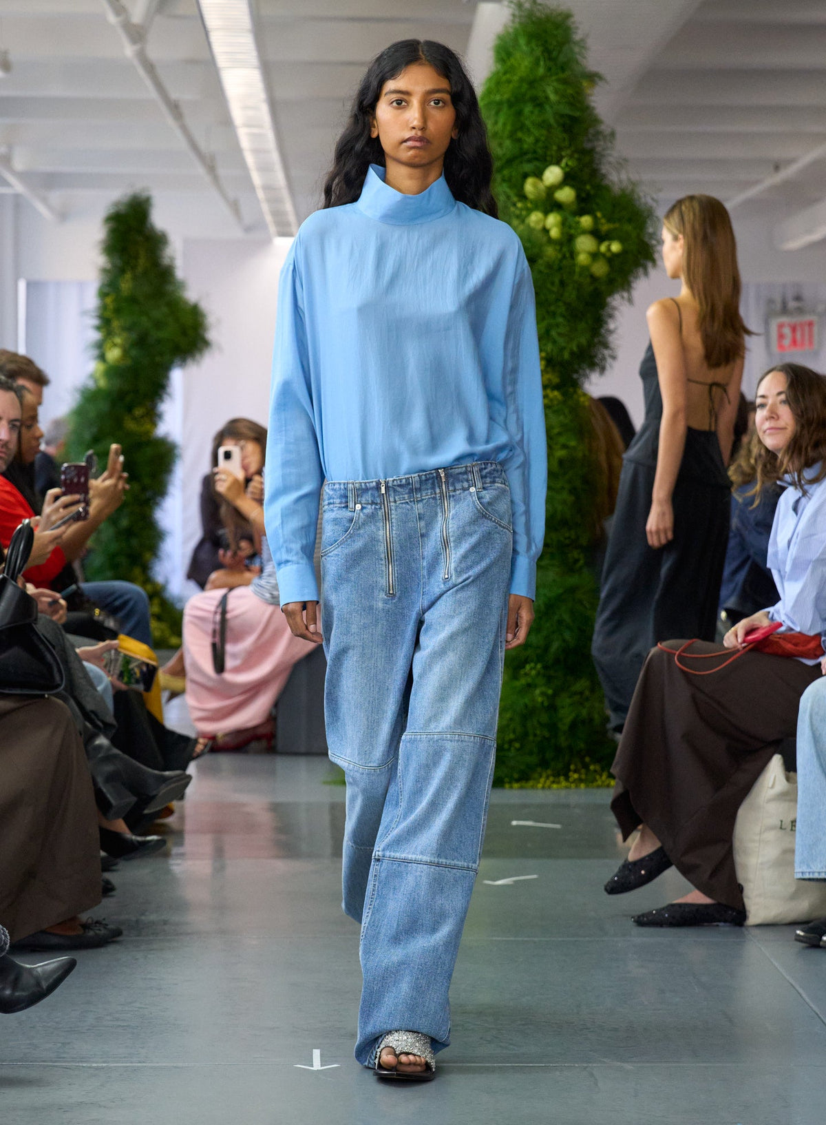 Ultra Light Silk Tencel Funnel Neck Shirt Blue - Tibi