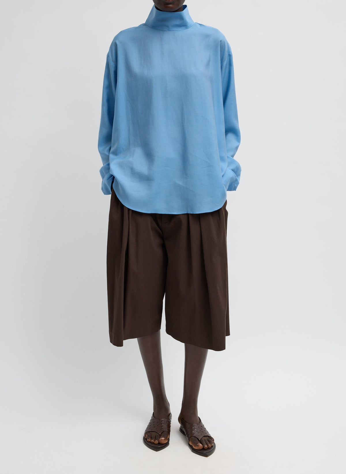 Ultra Light Silk Tencel Funnel Neck Shirt Blue - Tibi