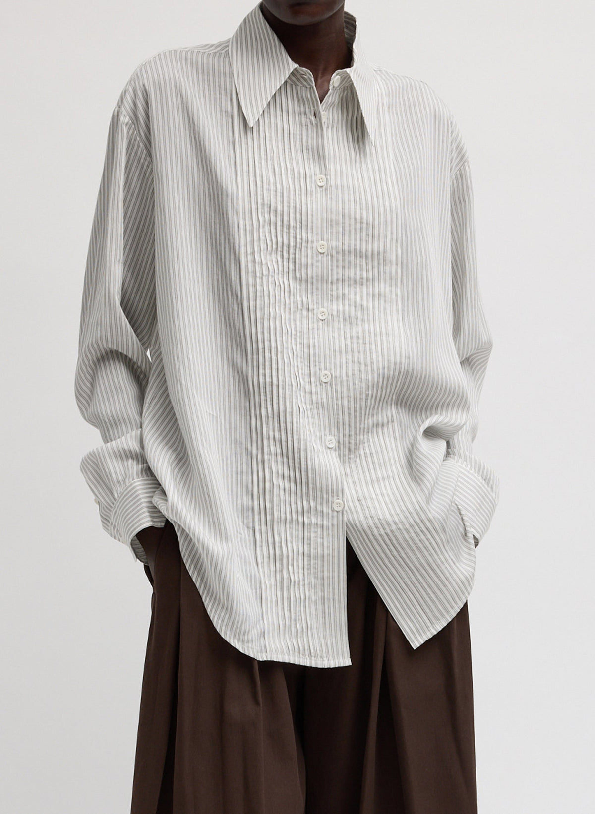 Ultra Light Silk Tencel Striped Pintucked Shirt White Grey Multi - Tibi