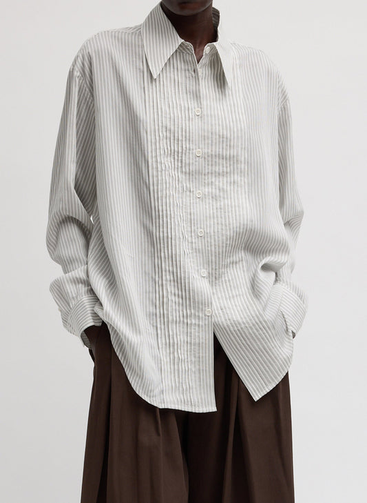 Ultra Light Silk Tencel Striped Pintucked Shirt White Grey Multi - Tibi