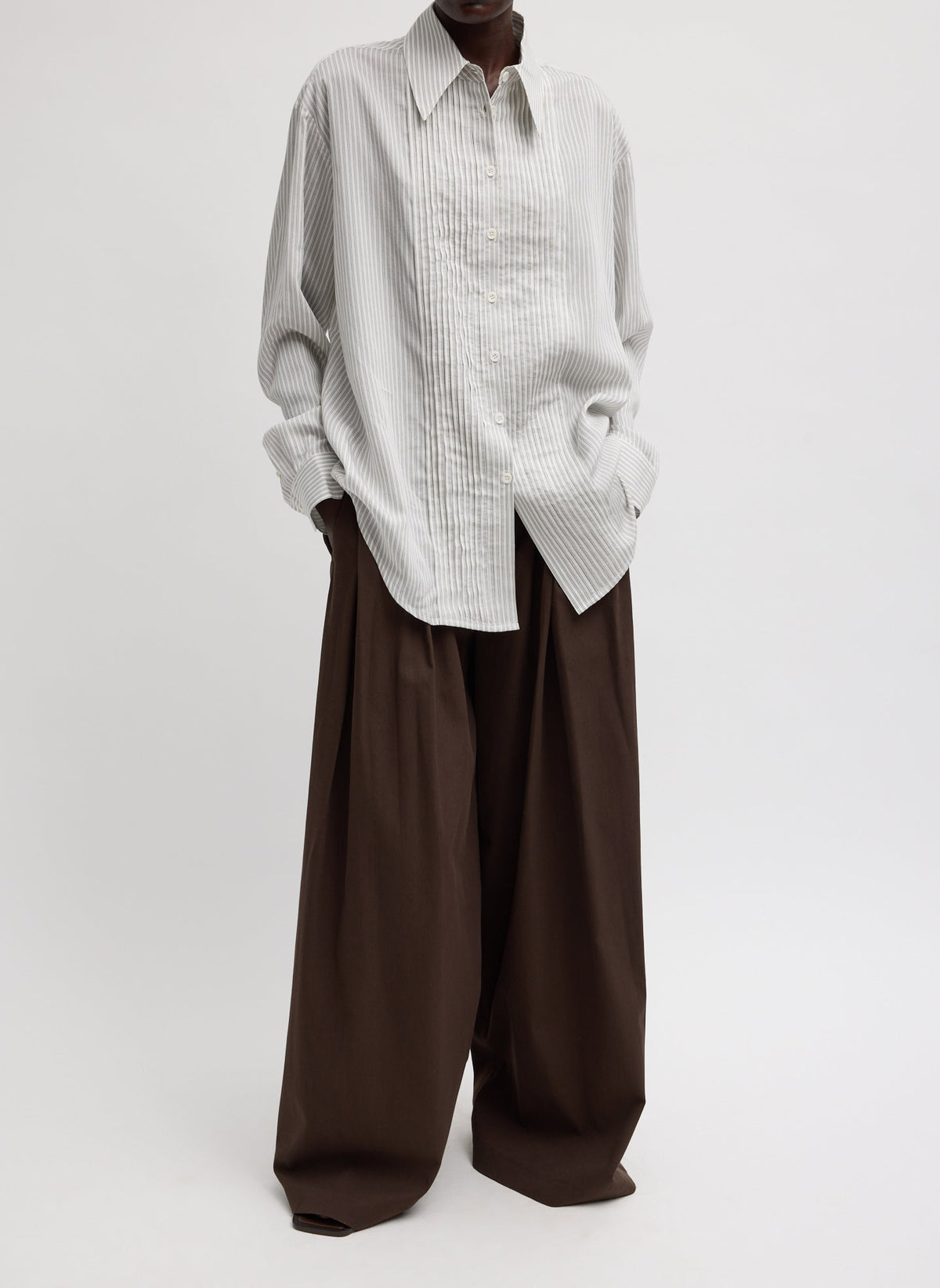 Ultra Light Silk Tencel Striped Pintucked Shirt White Grey Multi - Tibi