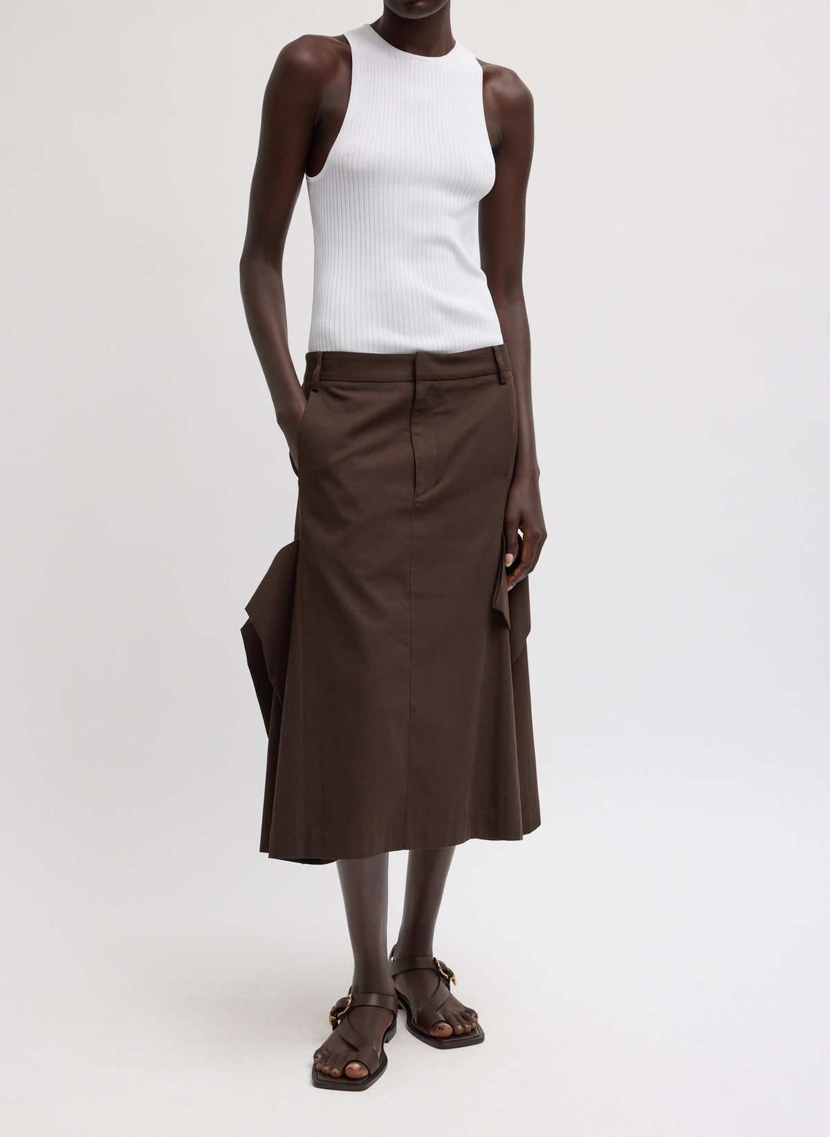 Luxe Spring Twill Tucked Pleat Skirt Hickory Brown - Tibi