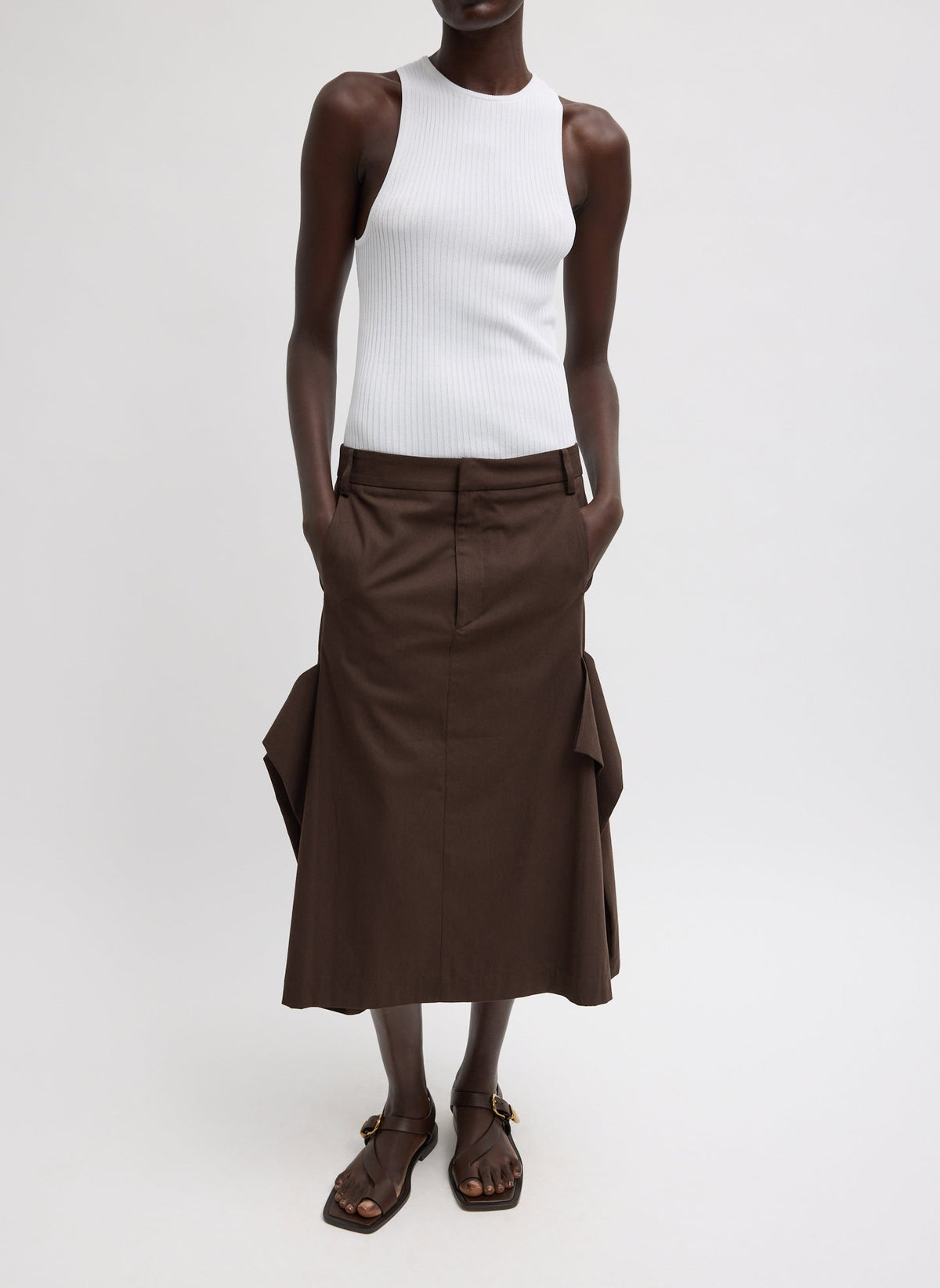 Luxe Spring Twill Tucked Pleat Skirt Hickory Brown - Tibi
