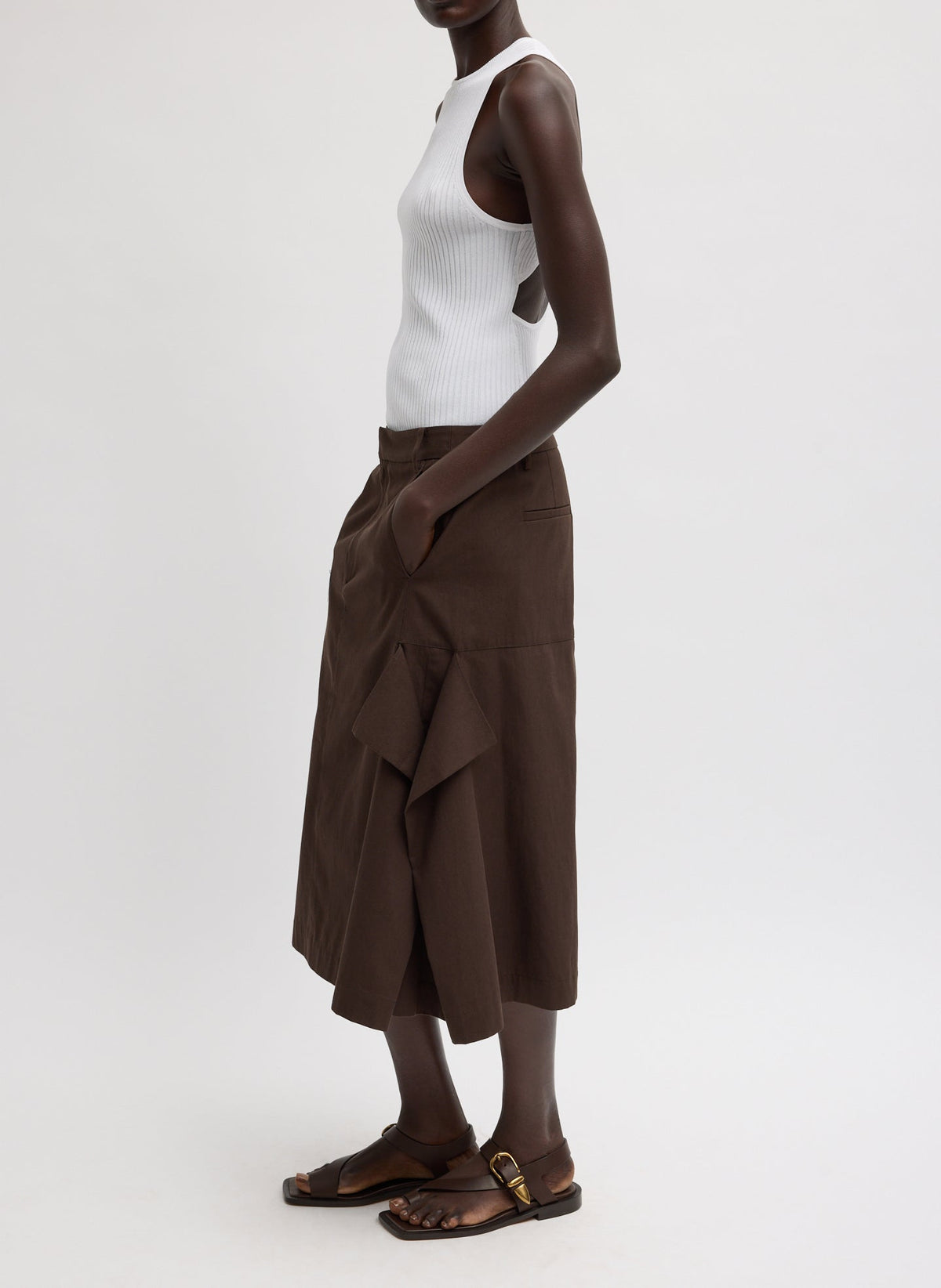 Luxe Spring Twill Tucked Pleat Skirt Hickory Brown - Tibi