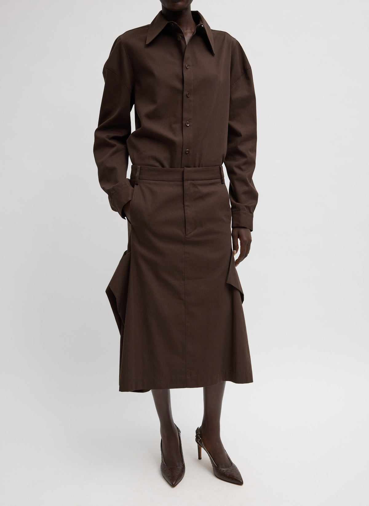 Luxe Spring Twill Tucked Pleat Skirt Hickory Brown - Tibi