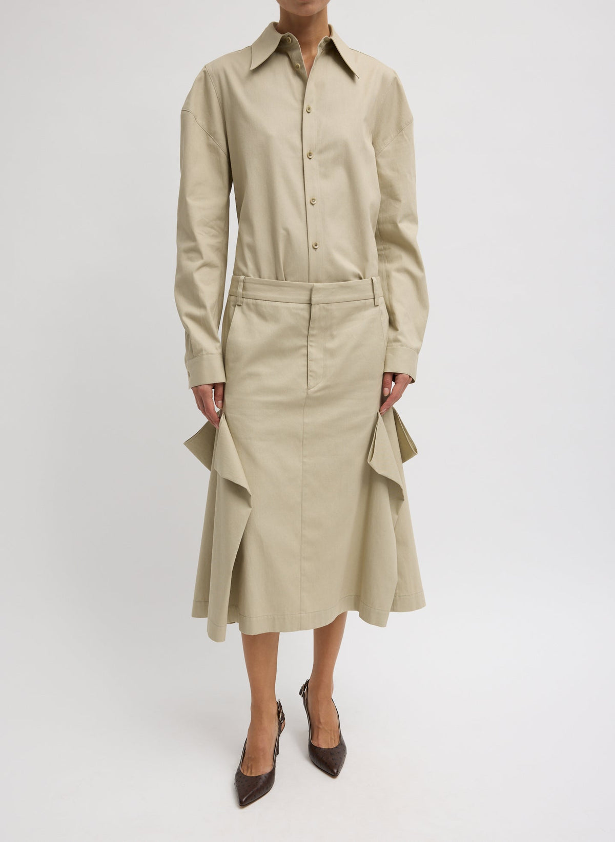 Luxe Spring Twill Tucked Pleat Skirt Taupe - Tibi