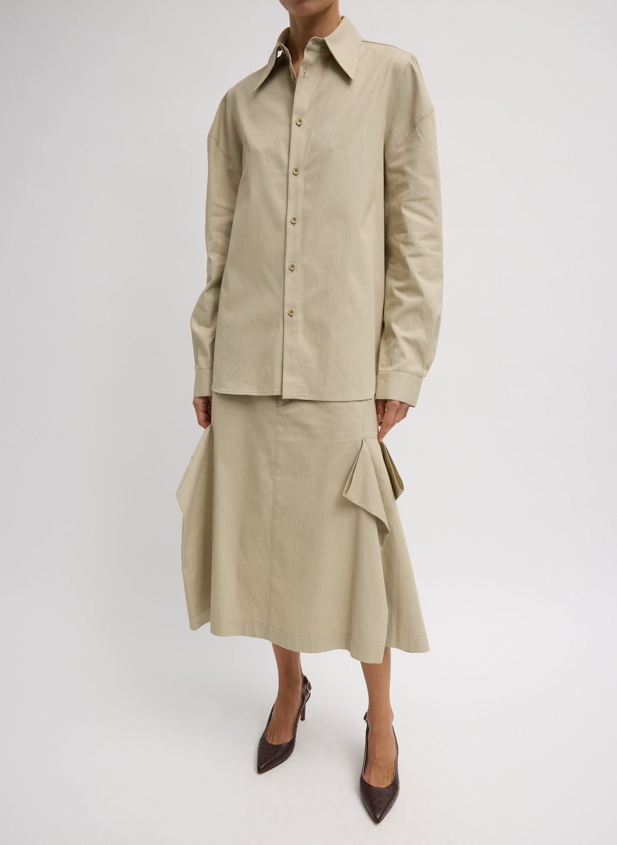 Luxe Spring Twill Tucked Pleat Skirt Taupe - Tibi