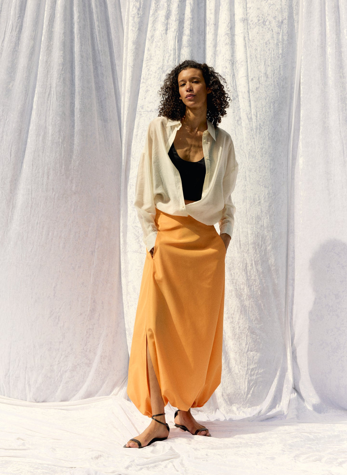 Summer Nylon Flat Front Jalouise Skirt Orange - Tibi