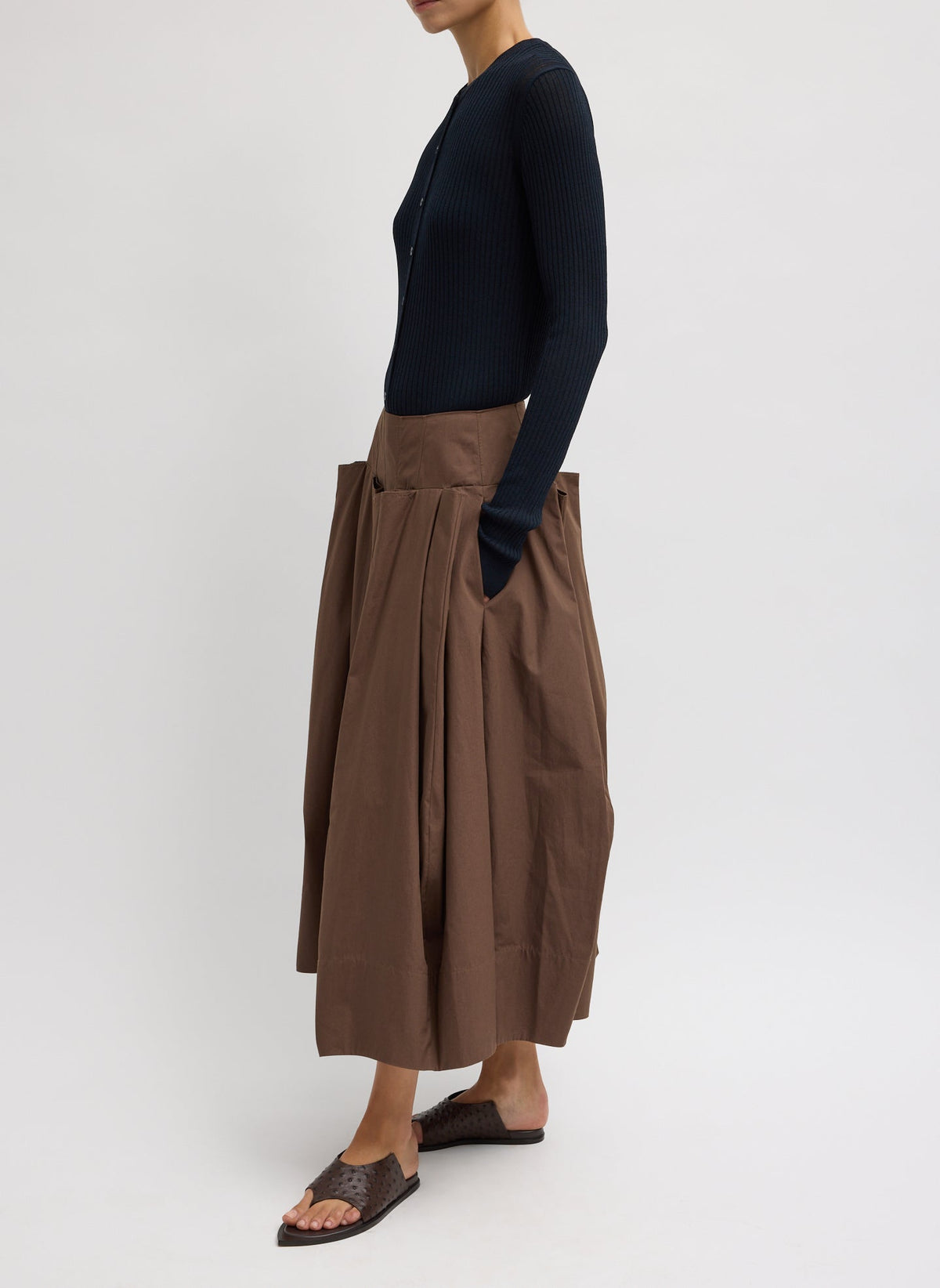 Compact Eco Poplin Pinched Pleat Full Skirt Sepia Brown - Tibi