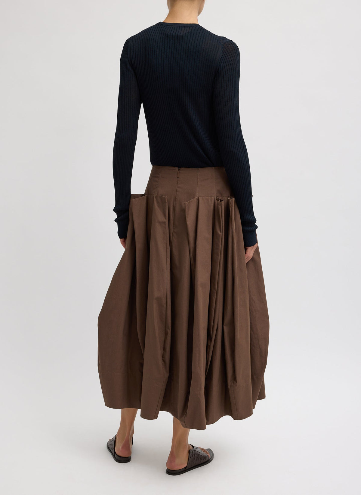 Compact Eco Poplin Pinched Pleat Full Skirt Sepia Brown - Tibi