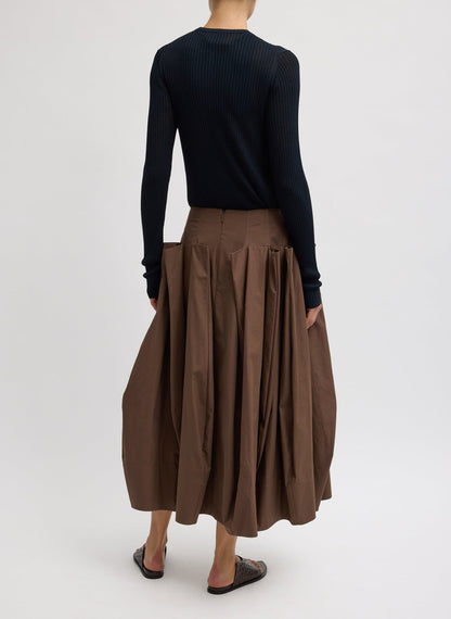 Compact Eco Poplin Pinched Pleat Full Skirt Sepia Brown - Tibi