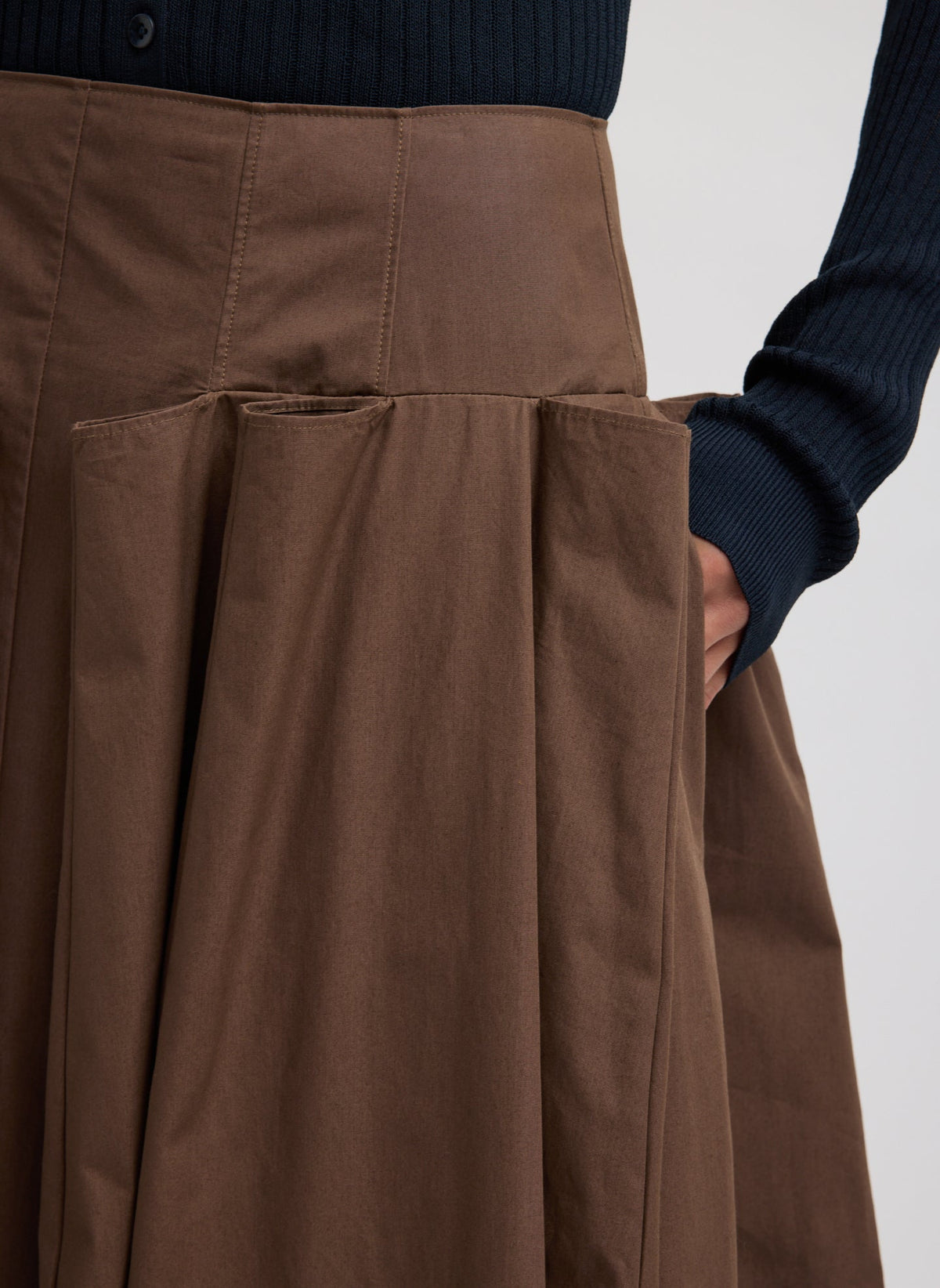 Compact Eco Poplin Pinched Pleat Full Skirt Sepia Brown - Tibi