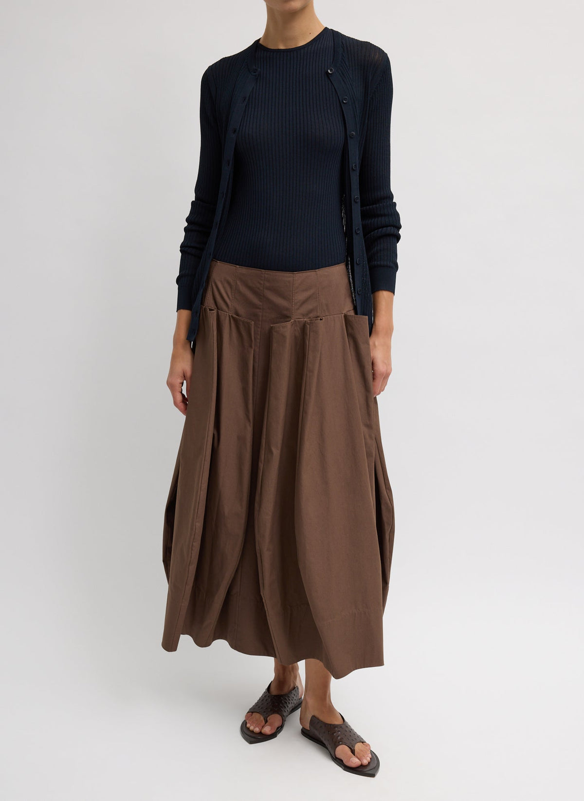 Compact Eco Poplin Pinched Pleat Full Skirt Sepia Brown - Tibi