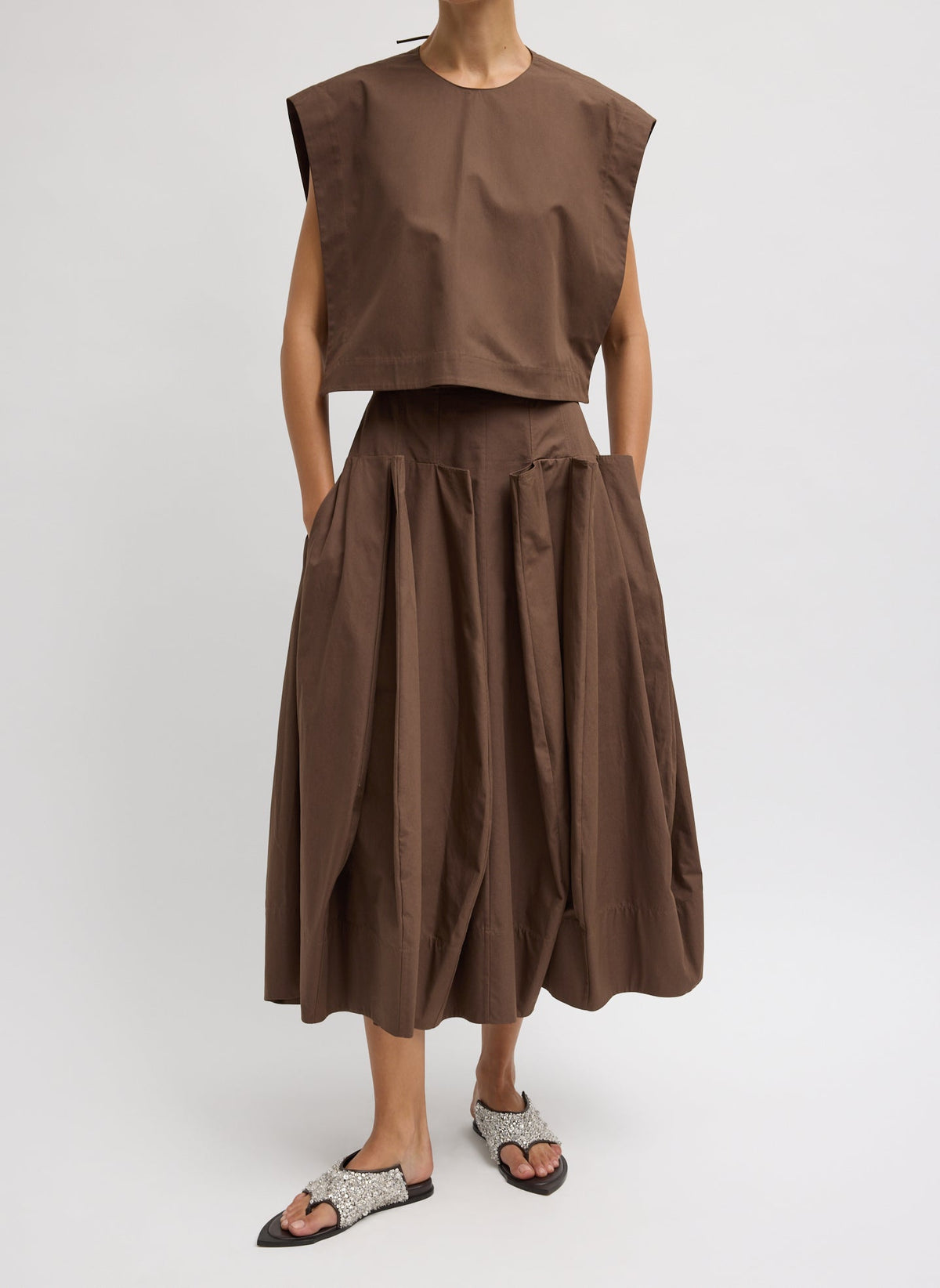 Compact Eco Poplin Pinched Pleat Full Skirt Sepia Brown - Tibi