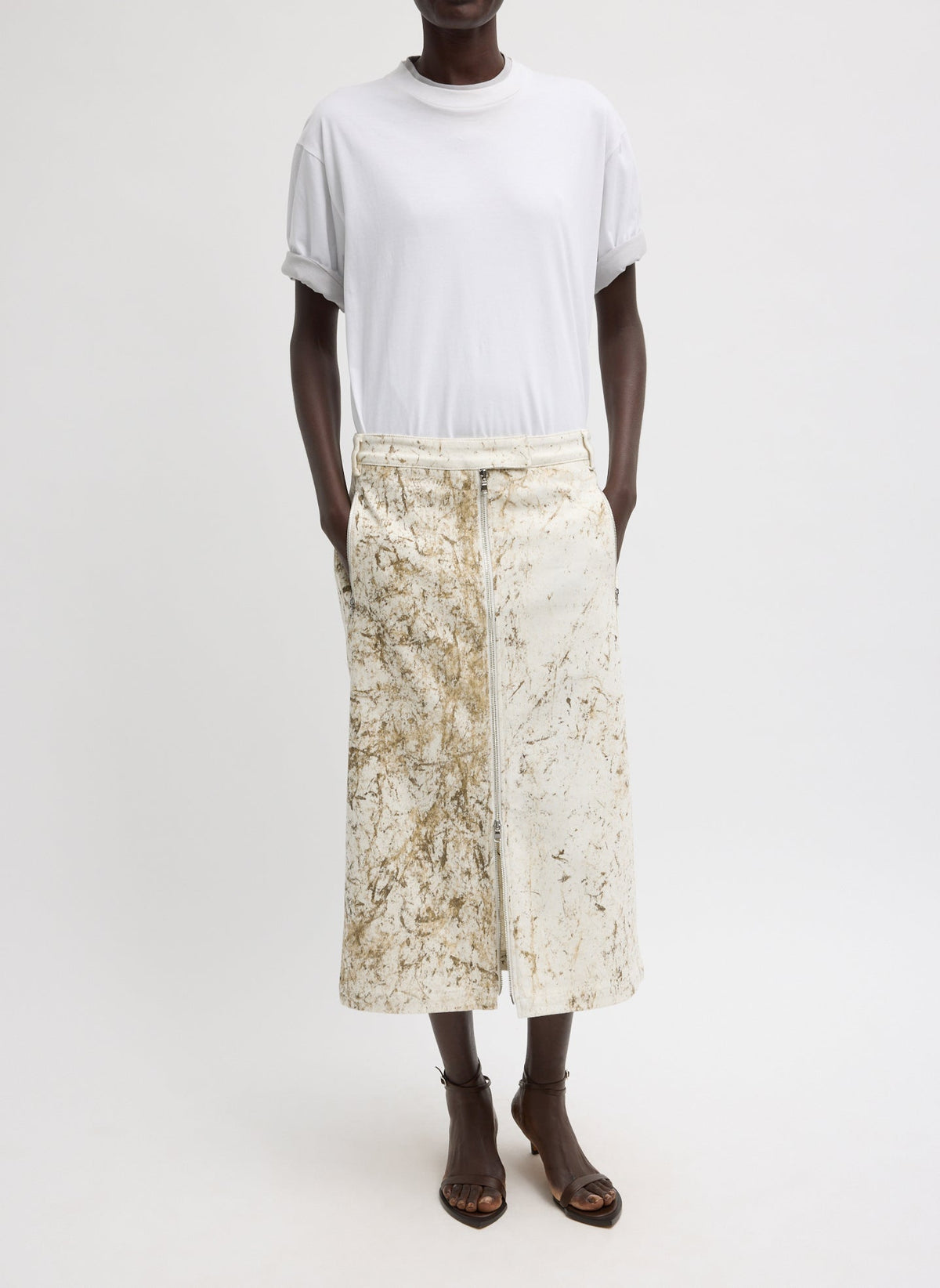 Calcimin Denim Midi Trouser Zip Skirt Ivory Multi - Tibi