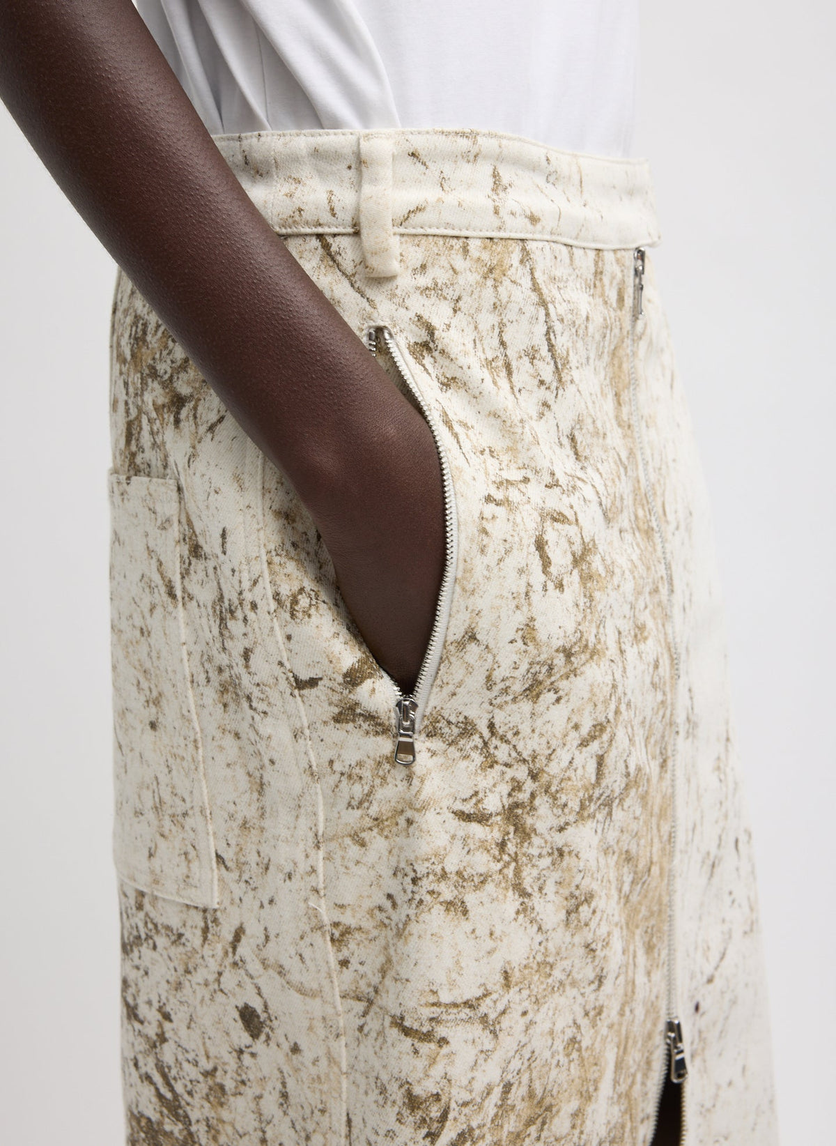 Calcimin Denim Midi Trouser Zip Skirt Ivory Multi - Tibi