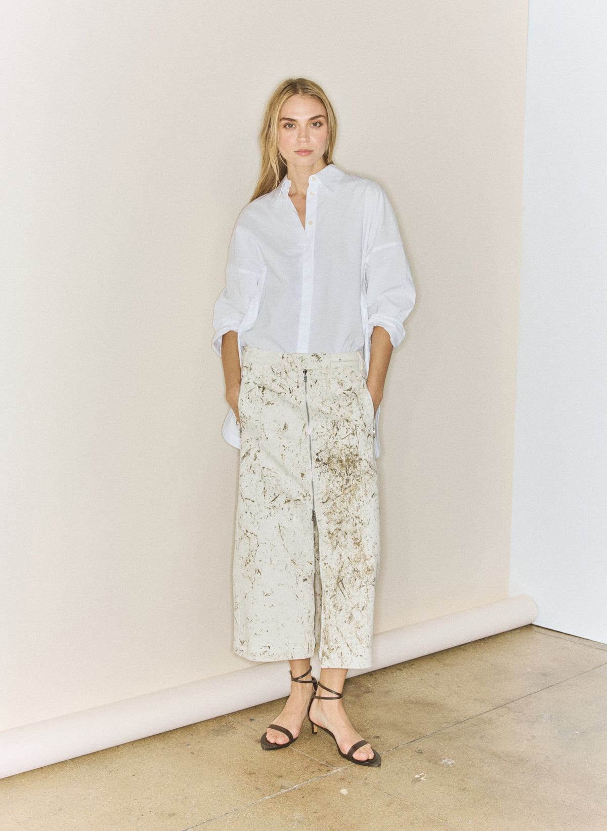 Calcimin Denim Midi Trouser Zip Skirt Ivory Multi - Tibi
