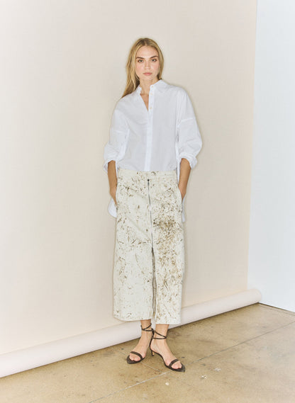 Calcimin Denim Midi Trouser Zip Skirt Ivory Multi - Tibi