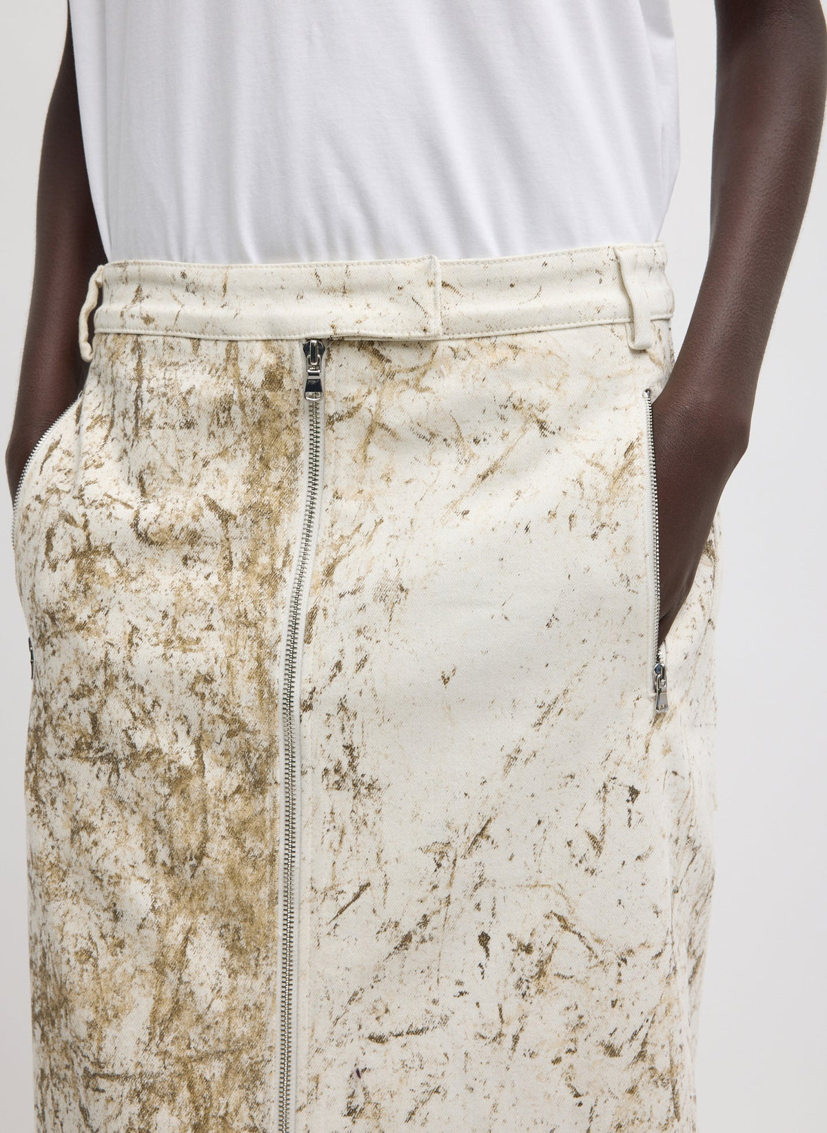 Calcimin Denim Midi Trouser Zip Skirt Ivory Multi - Tibi