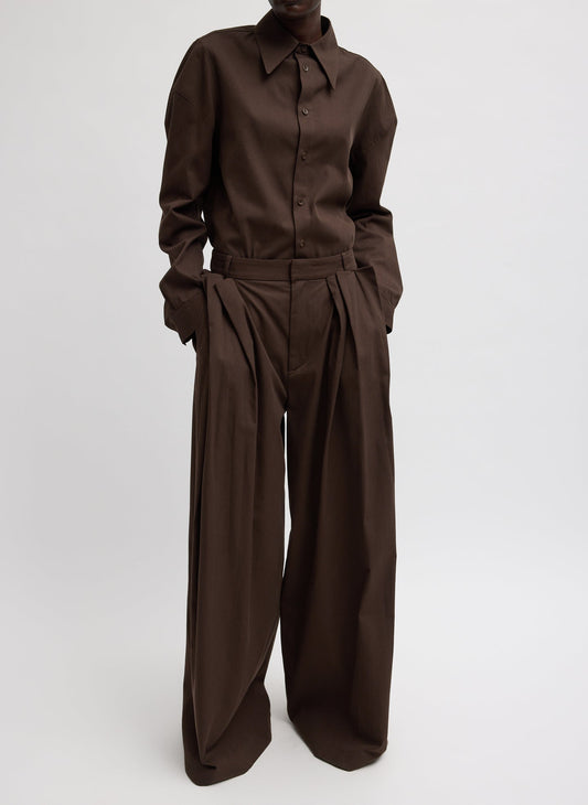 Luxe Spring Twill Tucked Pleated Wide Leg Trouser Hickory Brown - Tibi