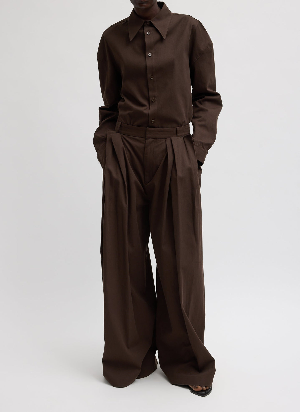 Luxe Spring Twill Tucked Pleated Wide Leg Trouser Hickory Brown - Tibi