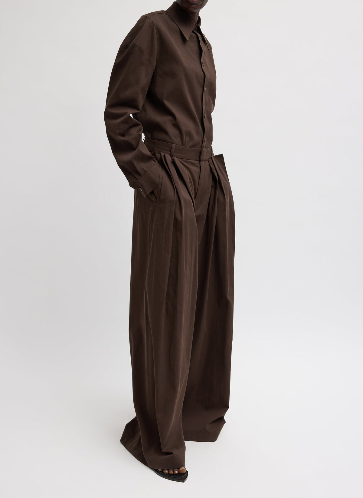 Luxe Spring Twill Tucked Pleated Wide Leg Trouser Hickory Brown - Tibi