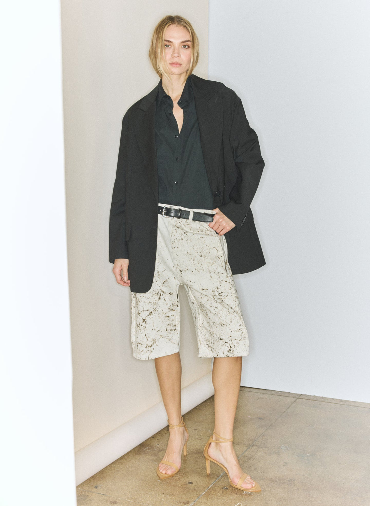 Calcimin Denim Tuck Jean Shorts Ivory Multi - Tibi