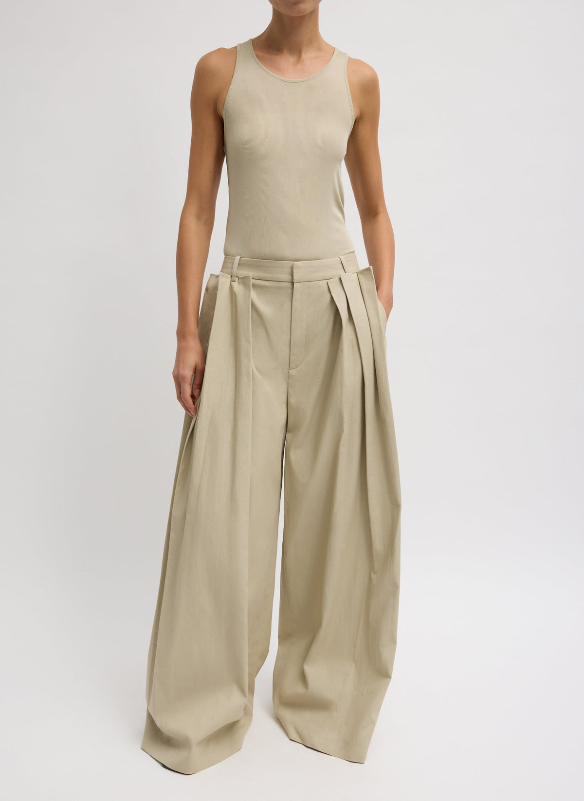 Luxe Spring Twill Tucked Pleated Wide Leg Trouser Taupe - Tibi