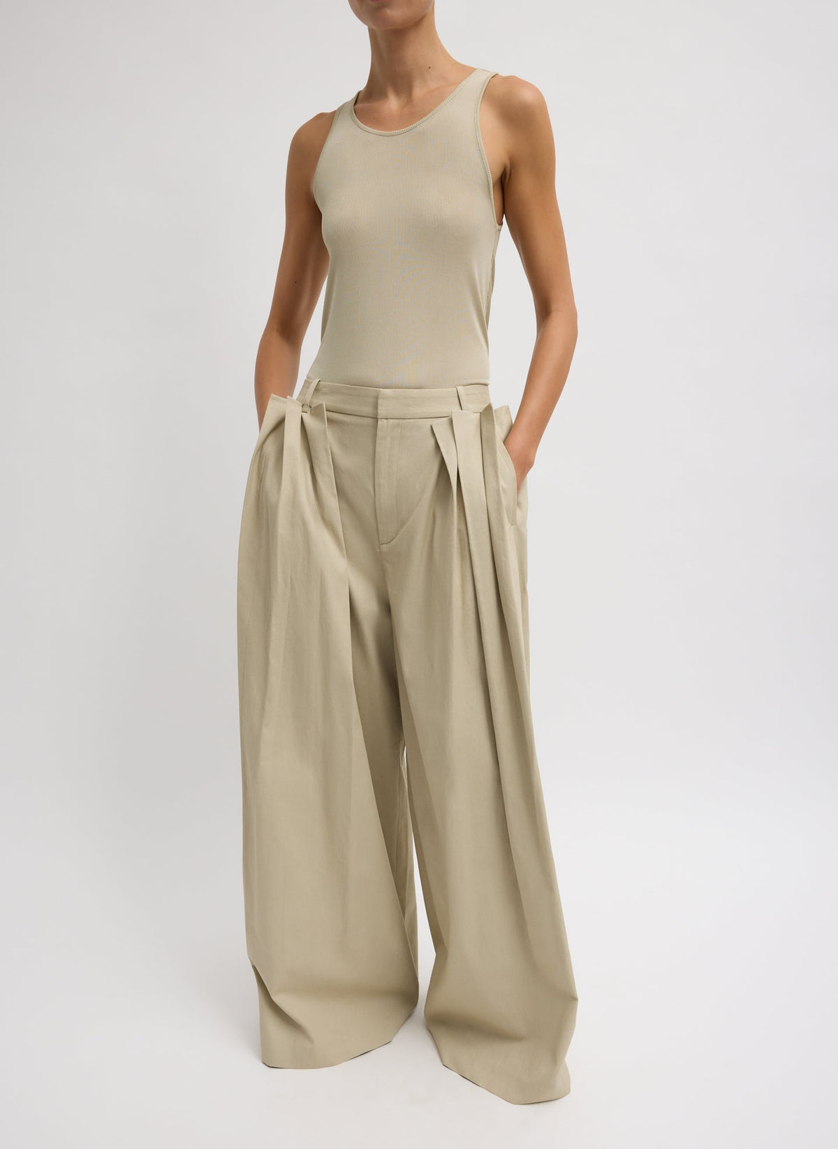 Luxe Spring Twill Tucked Pleated Wide Leg Trouser Taupe - Tibi