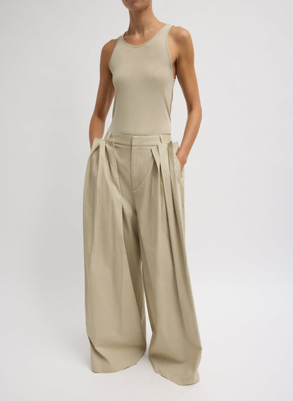 Luxe Spring Twill Tucked Pleated Wide Leg Trouser Taupe - Tibi