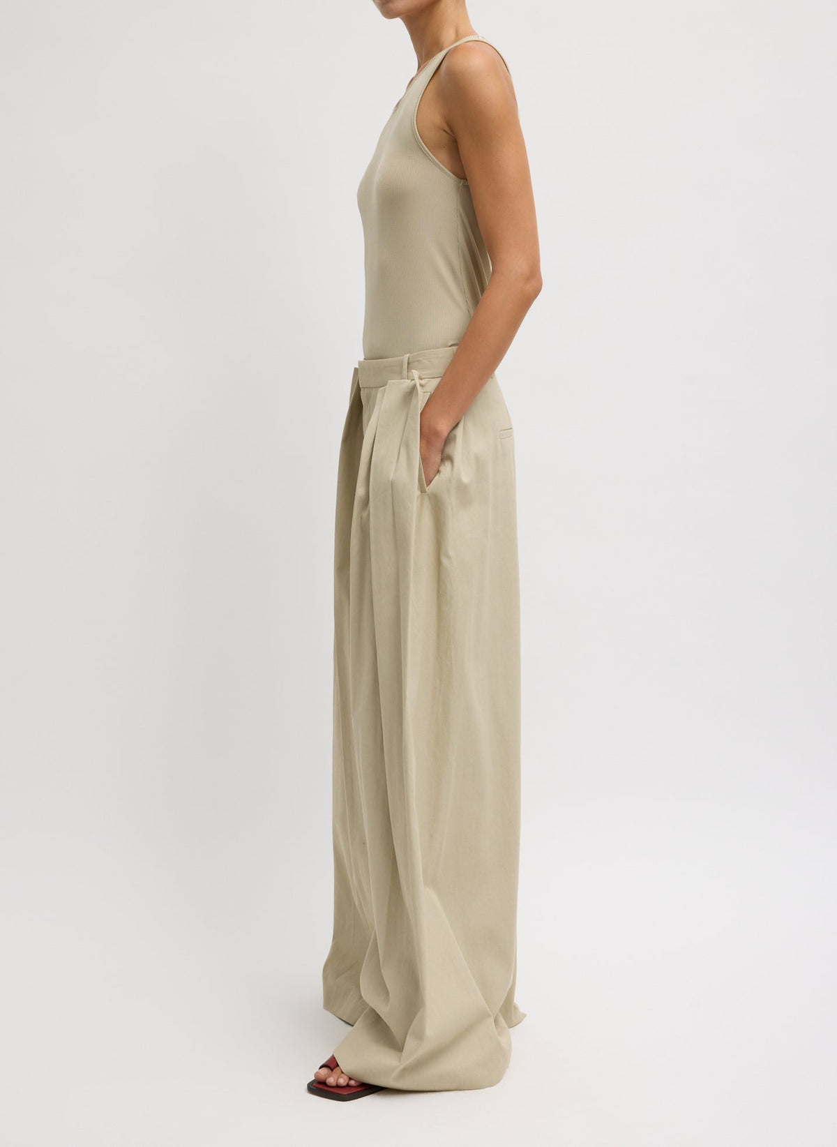 Luxe Spring Twill Tucked Pleated Wide Leg Trouser Taupe - Tibi