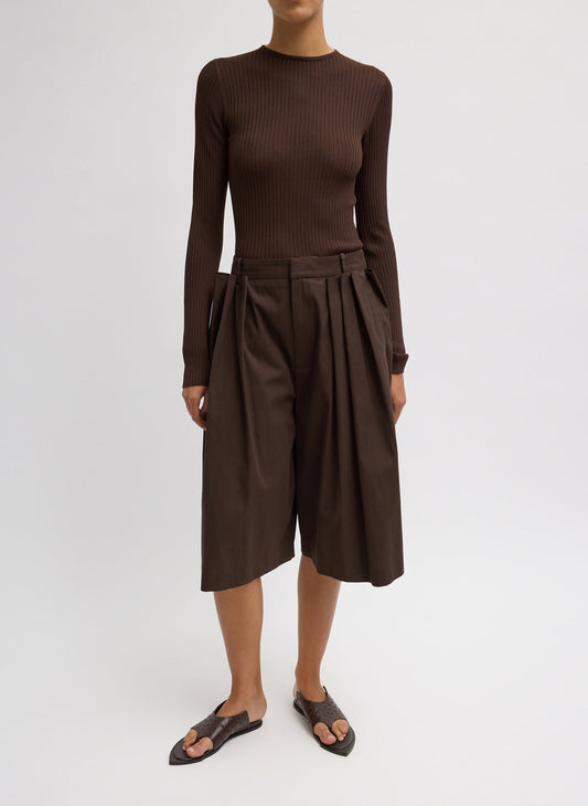 Luxe Spring Twill Tucked Pleated Wide Leg Short Hickory Brown - Tibi
