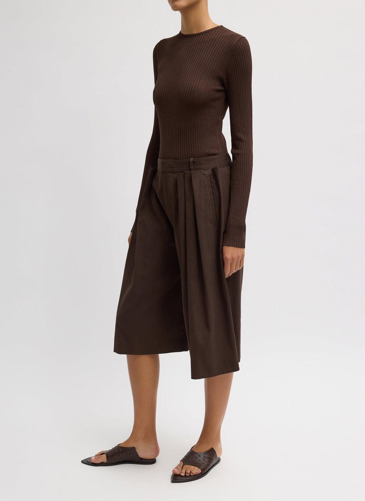 Luxe Spring Twill Tucked Pleated Wide Leg Short Hickory Brown - Tibi