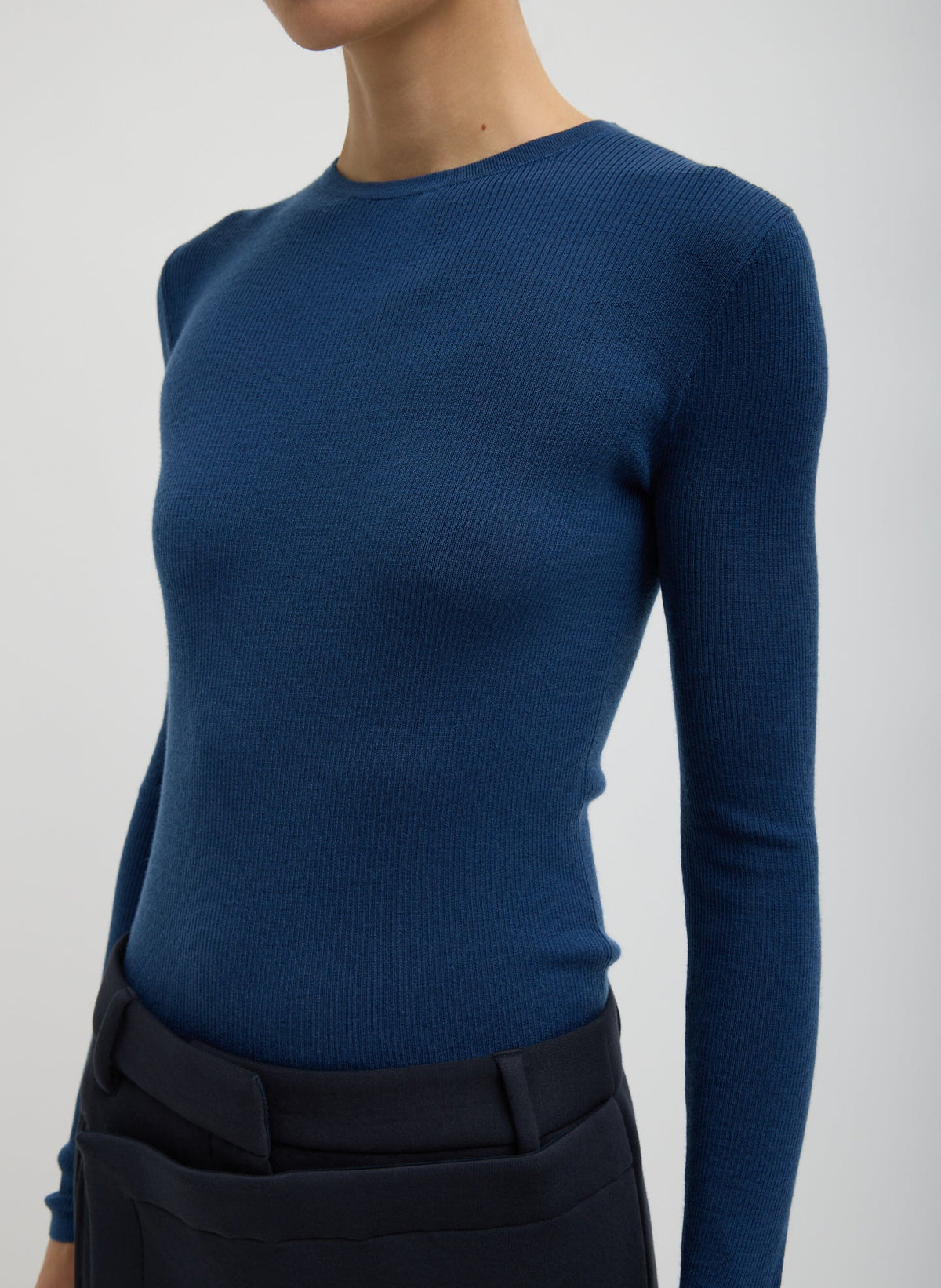 Featherweight Ribbed Sweater Crewneck Pullover Seal Blue - Tibi