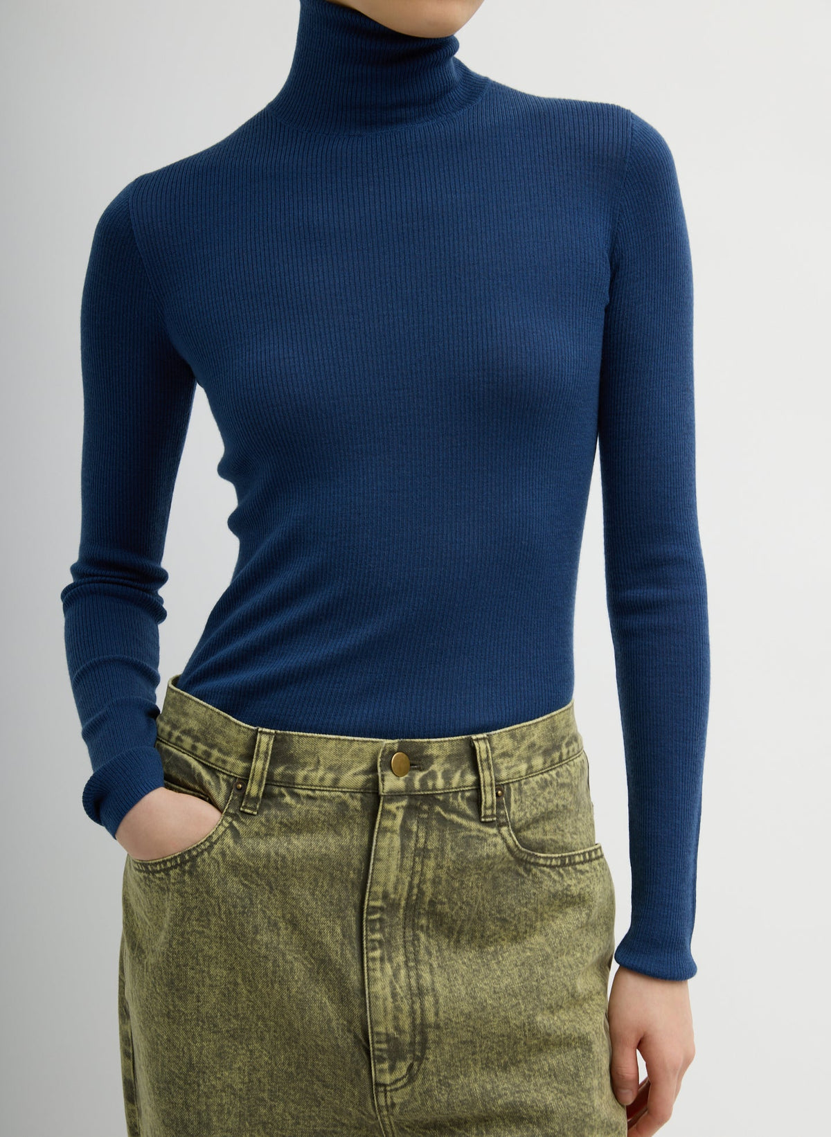 Featherweight Ribbed Sweater Turtleneck Pullover Seal Blue - Tibi