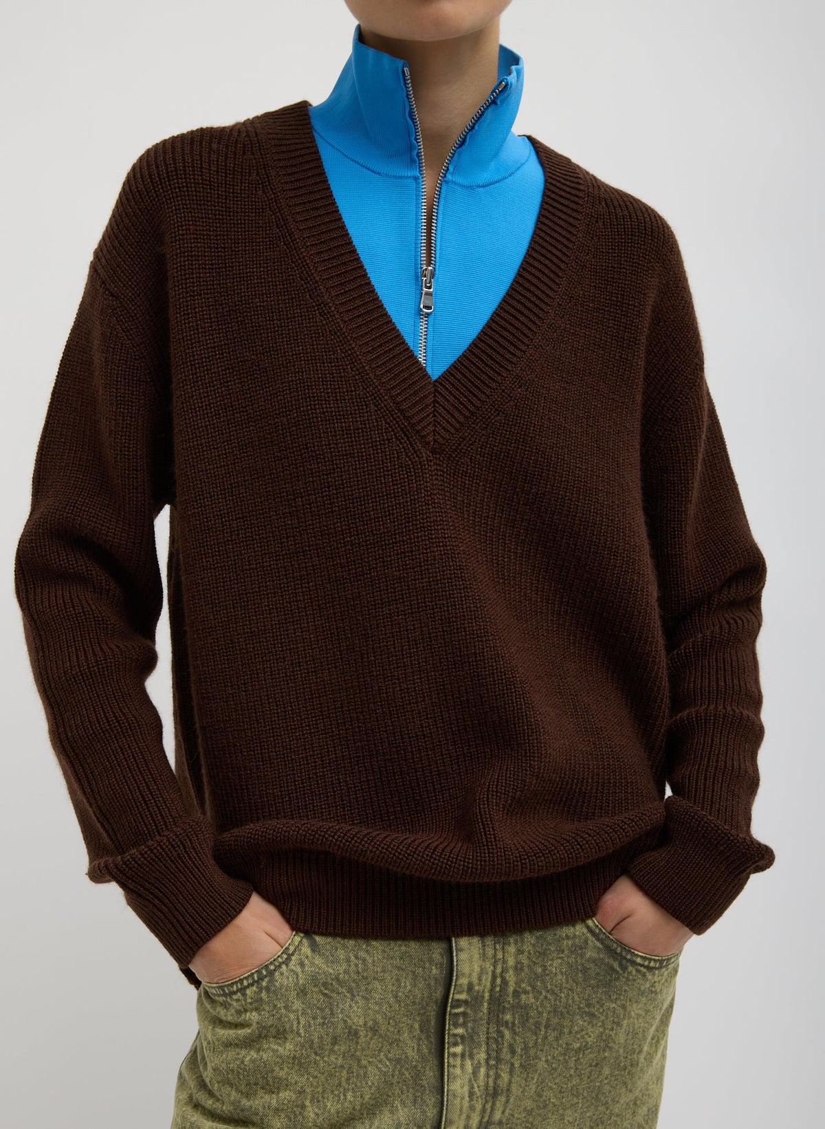 Cardigan Stitch V-Neck With Removable Dickie Brown - Tibi