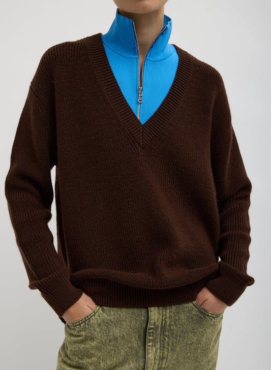 Cardigan Stitch V-Neck With Removable Dickie Brown - Tibi