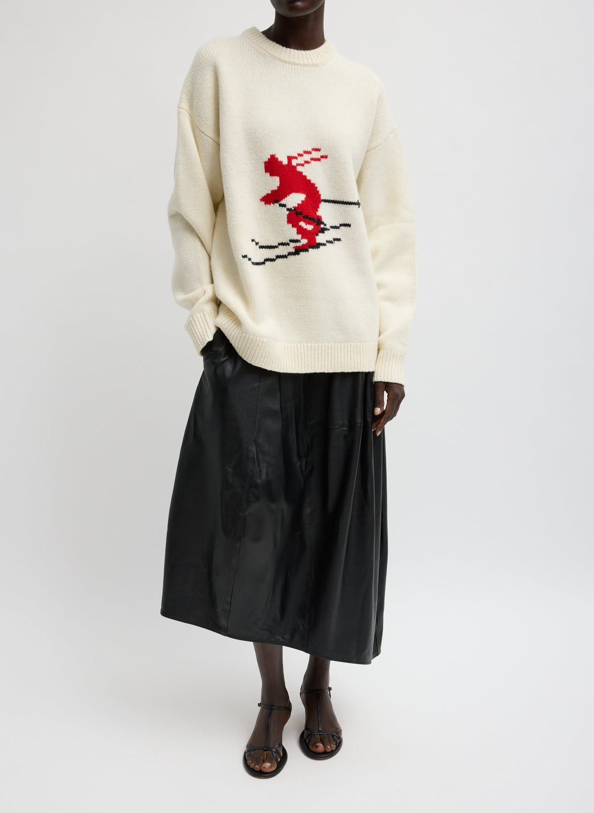 Soft Wool Ski Easy Pullover Crewneck Sweater Ivory Multi - Tibi