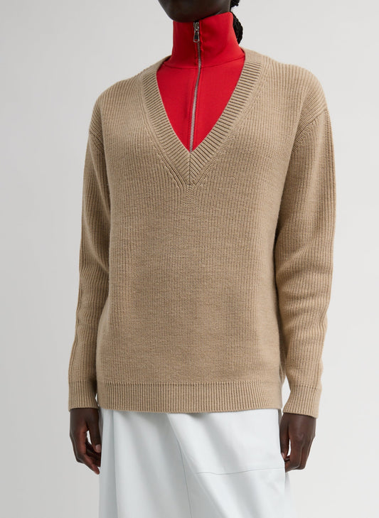 Cardigan Stitch V-Neck With Removable Dickie Latte - Tibi