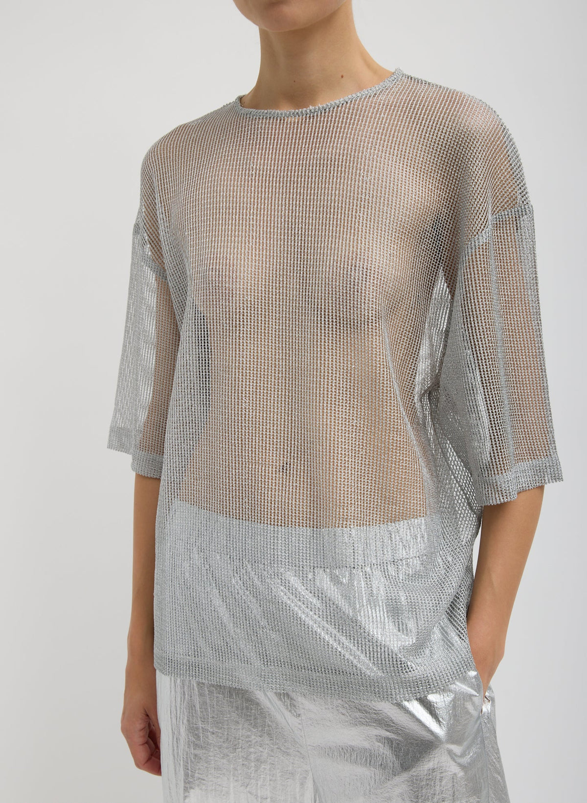 Viscose Metallic Mesh Easy T-Shirt Silver - Tibi