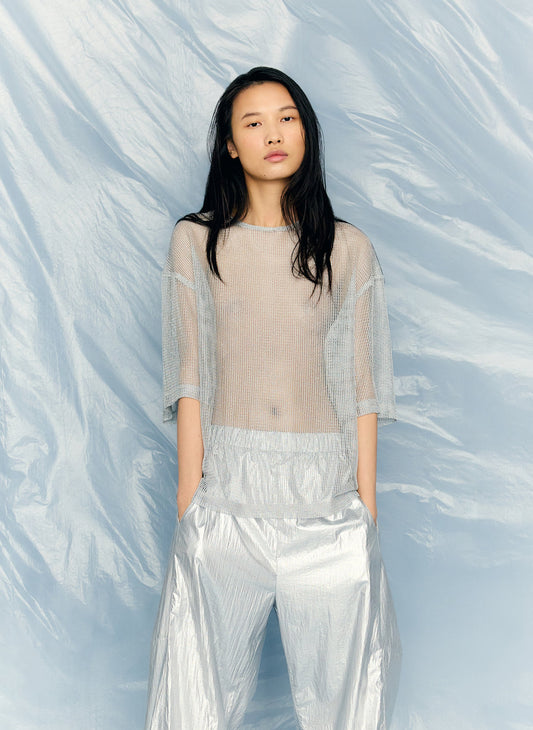 Viscose Metallic Mesh Easy T-Shirt Silver - Tibi
