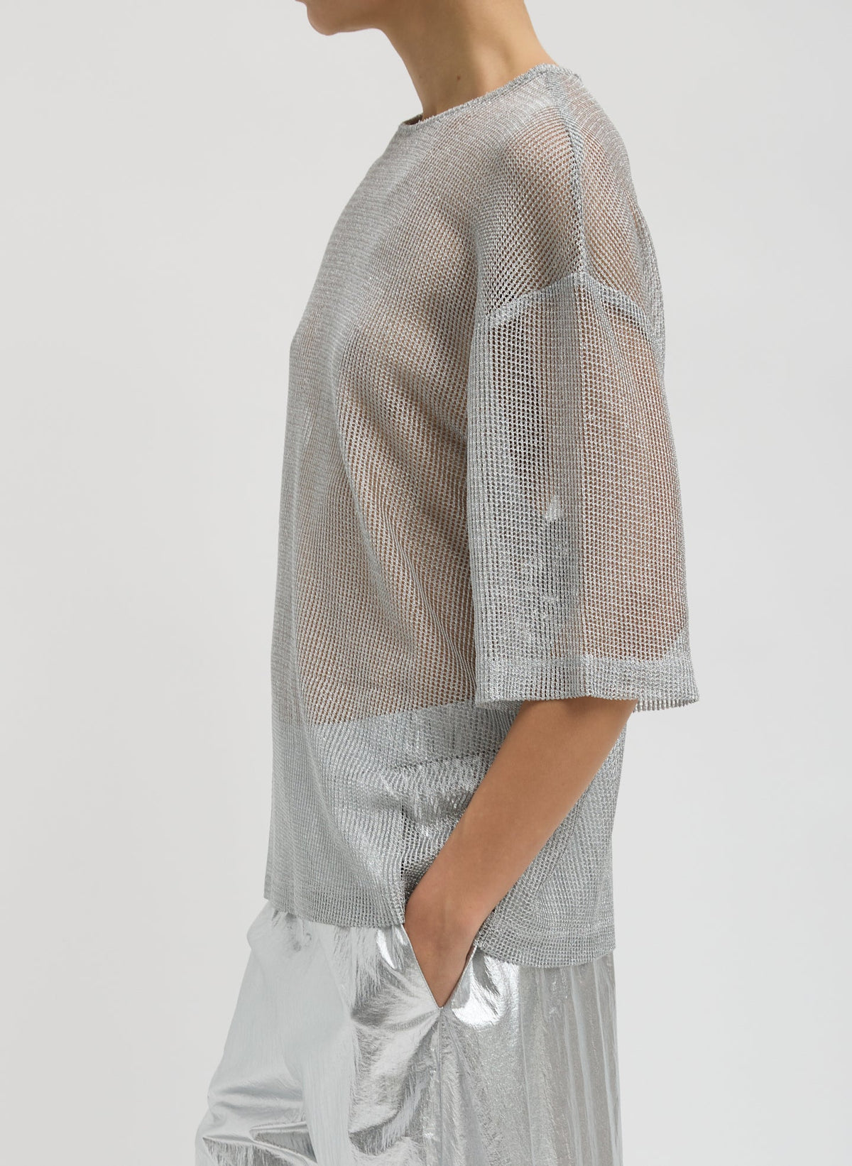 Viscose Metallic Mesh Easy T-Shirt Silver - Tibi