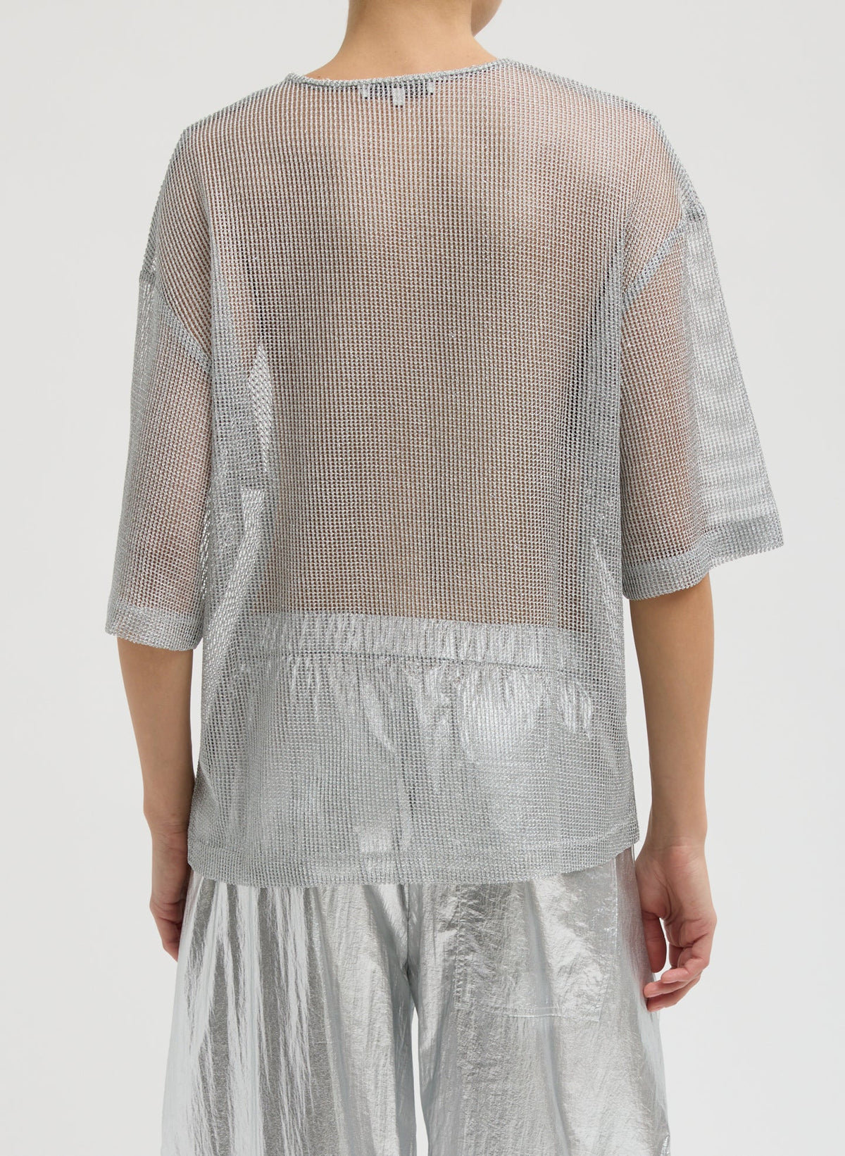 Viscose Metallic Mesh Easy T-Shirt Silver - Tibi