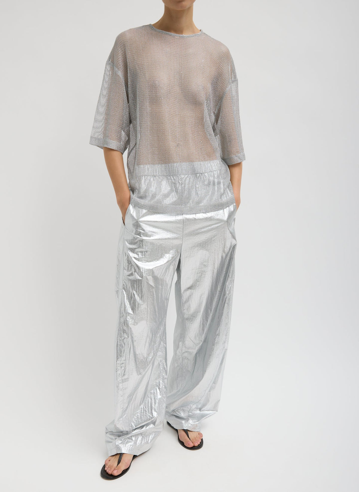 Viscose Metallic Mesh Easy T-Shirt Silver - Tibi