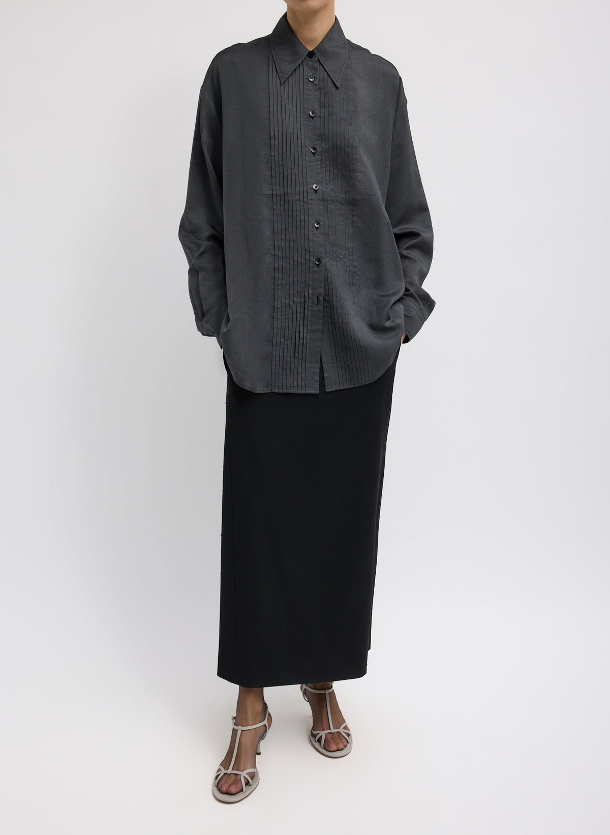 Silk Voile Easy Pintucked Shirt Graphite - Tibi