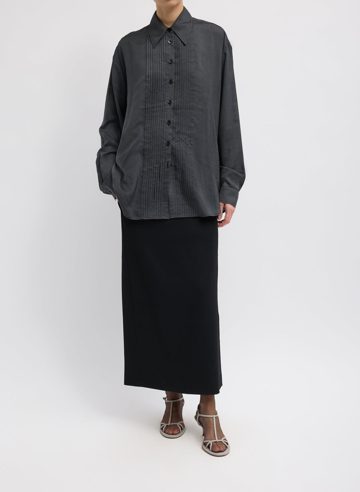 Silk Voile Easy Pintucked Shirt Graphite - Tibi