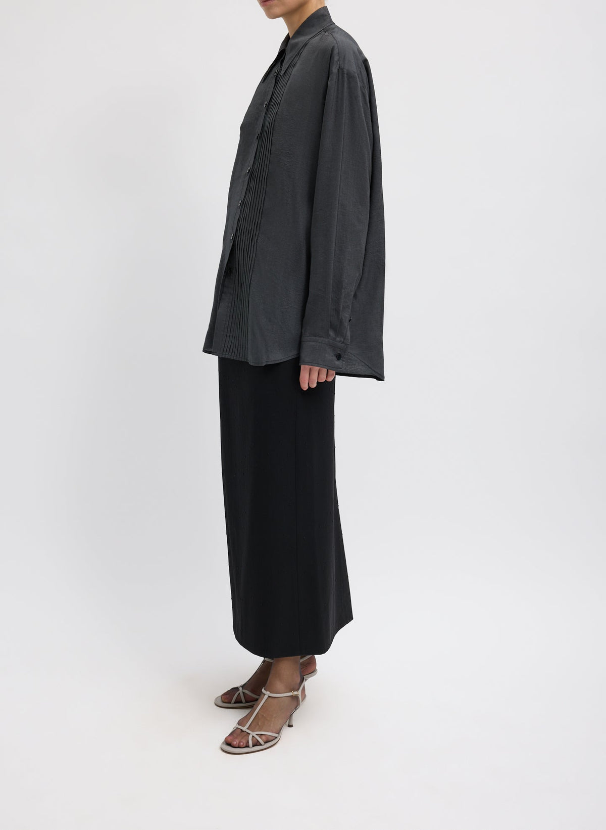Silk Voile Easy Pintucked Shirt Graphite - Tibi