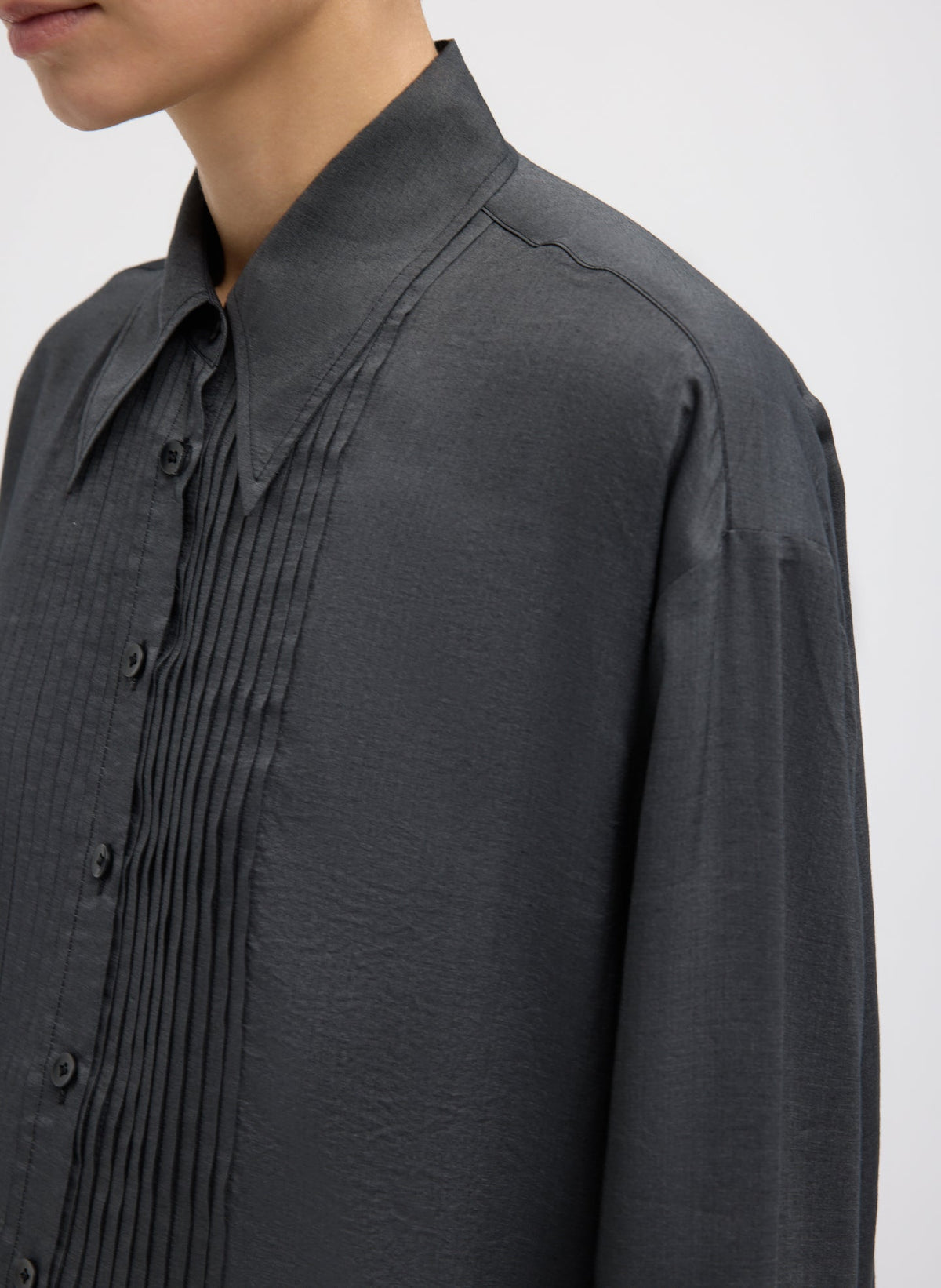 Silk Voile Easy Pintucked Shirt Graphite - Tibi
